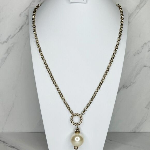 Chicos Gold Tone Chain Link Chunky Faux Pearl Rhinestone Pendant Necklace ✨ - Picture 1 of 14